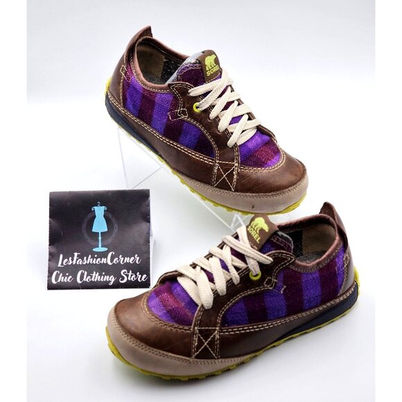 Sorel Women's Purple & Brown Mackenzie Lined Leather Plaid Sneakers Sz 6 379 - Picture 5 of 16